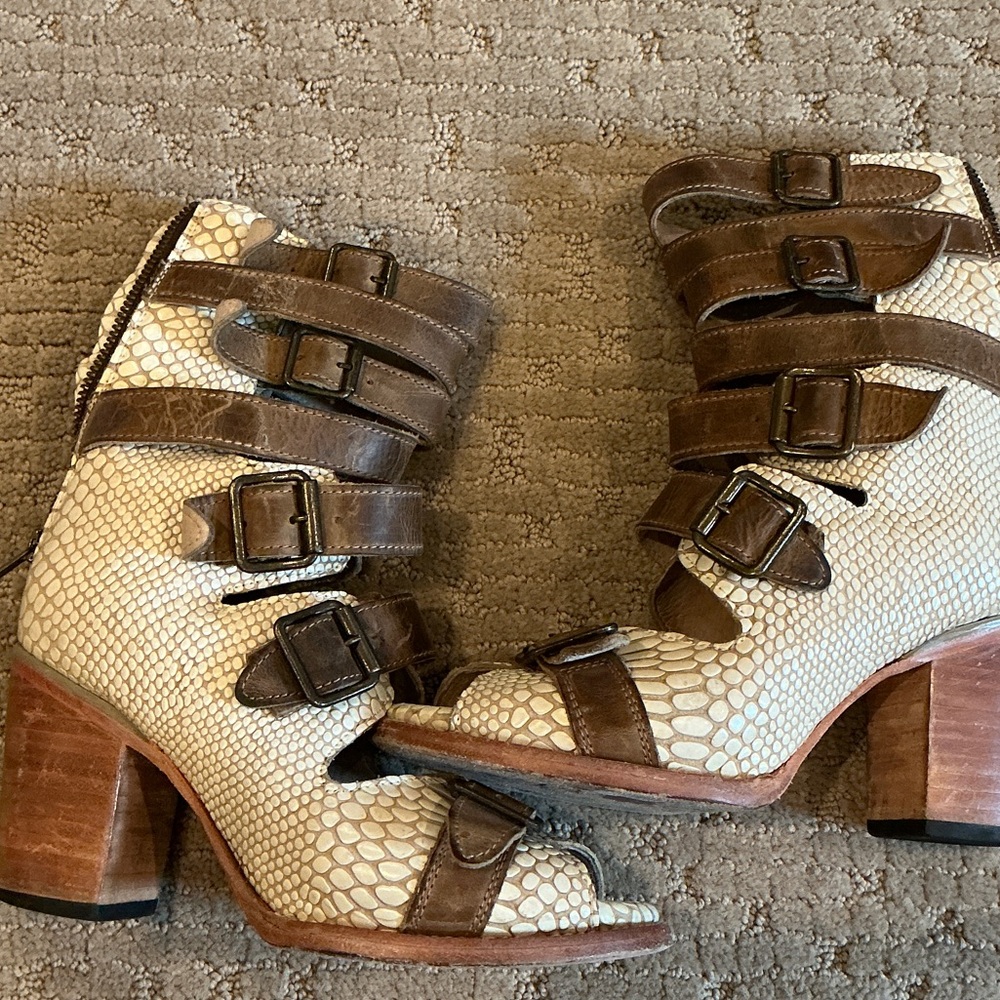 Freebird Brown and Cream snakeskin Women's buckle Heeled Boots